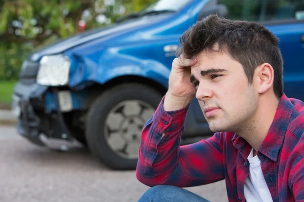 Unhappy Driver With Damaged Car After Accident — Stock Photo, Image
