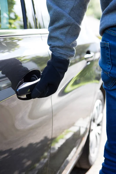 Car Thief Trying Door Handle To See If Vehicle Is Locked — Stock Photo, Image