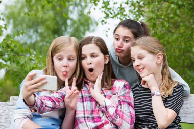 Grup genç kızların Selfie Park için poz
