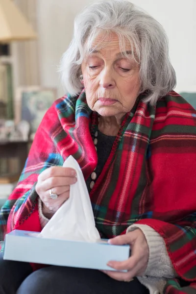 Seniorin zu Hause mit Grippevirus infiziert — Stockfoto