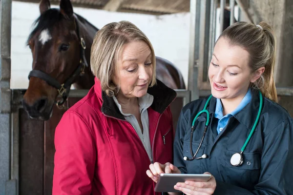 Veterinaria femenina examinando caballo en establos mostrando la ficha digital del propietario —  Fotos de Stock