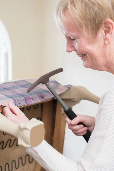 Senior Woman Re-Upholstering Chair — Stock Photo, Image