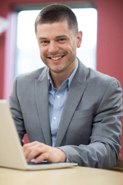 Portret van zakenman achter balie In kantoor Laptop gebruikt — Stockfoto