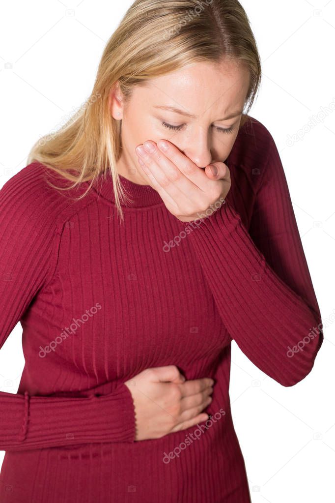 Studio Shot Of Young Woman Suffering From Nausea
