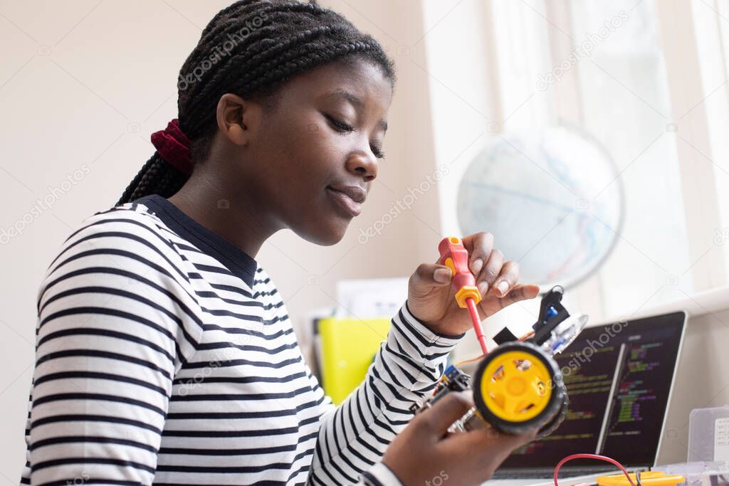 Female Teenage Pupil Building Robot Car In Science Lesson