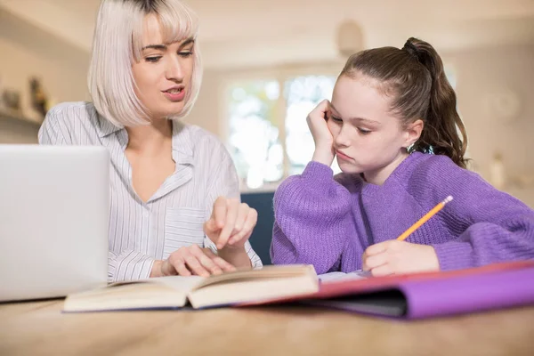 Female Home Tutor Helping Young Girl Struggling Studies Home Schooling — Stock Photo, Image