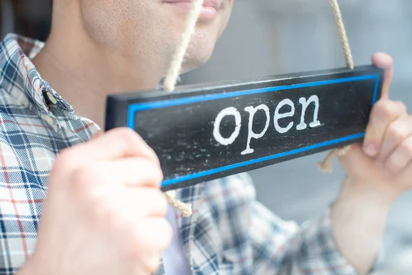 Close Smiling Male Small Business Owner Turning Open Sign Shop — Stock Photo, Image