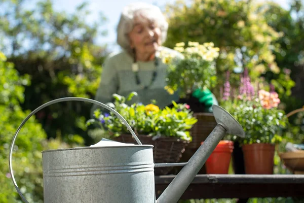 Seniorin Gärtnert Hause Mit Gießkanne — Stockfoto