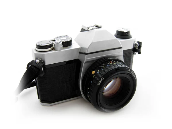 Silver Film Camera with a 50 mm Lens — 스톡 사진