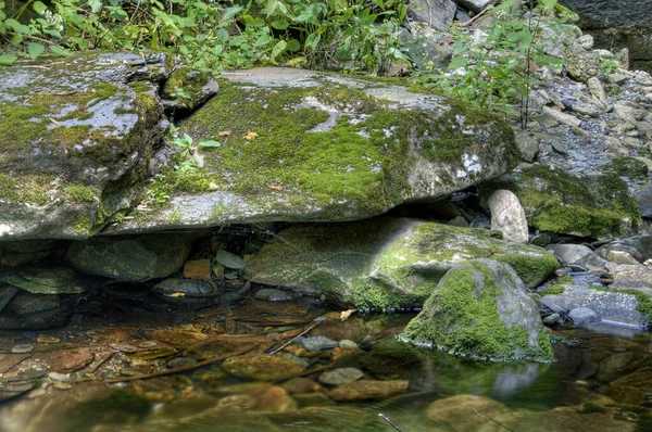 Grande musgo coberto pedra cinzenta do banco do riacho — Fotografia de Stock