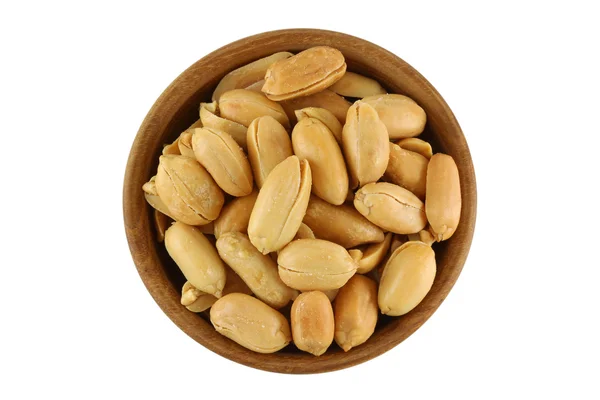 Top view of roasted salted peanut, groundnut with salt in wooden bowl — Stock Photo, Image