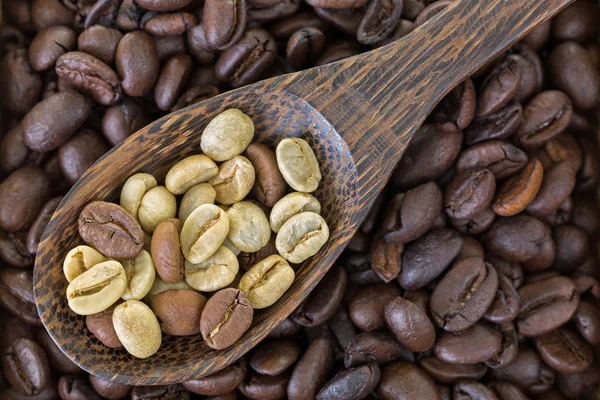 Sementes de bagas de café verdes não torradas secas em cima de grãos de café torrados — Fotografia de Stock