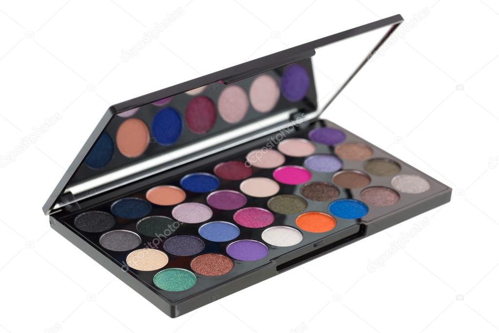 Colorful Eyeshadow. Closeup side view of makeup cosmetic palette