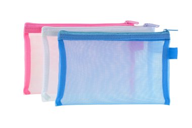 Mavi beyaz pembe şeffaf net çanta beyaz izole 