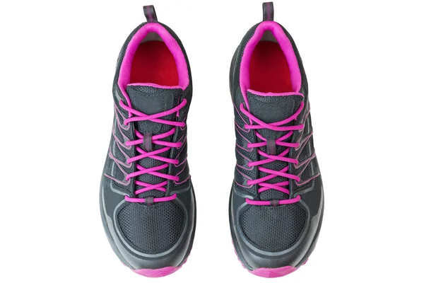 Легкие ботинки для пеших прогулок для женщин в черном и розовом, изолированные на белом — стоковое фото