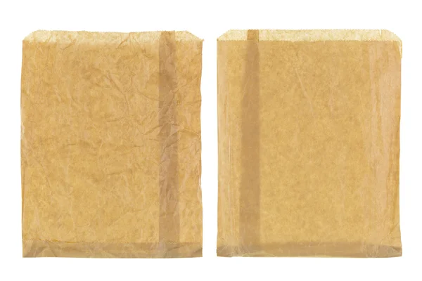 Wrinkly thin brown grocery paper bag, blank front and back isolated on white — Stock Photo, Image
