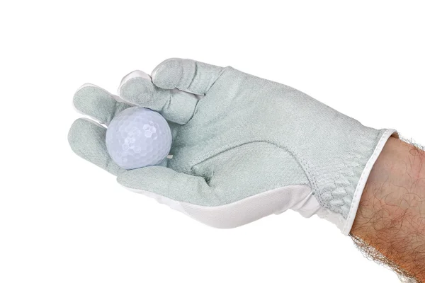 Man wearing white synthetic microfiber Golf glove with a golf ball on it — Stock Photo, Image