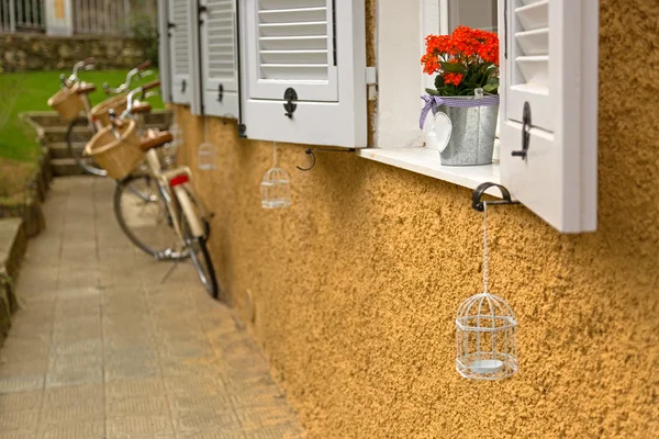 Enfoque suave de maceta de metal llena de flores rojas Kalanchoe en la ventana con fondo borroso bicicleta — Foto de Stock