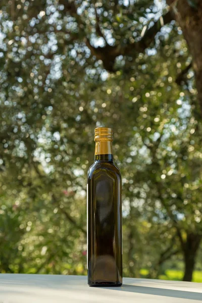 Botella verde de aceite de oliva prensado en frío con olí europeo borroso —  Fotos de Stock