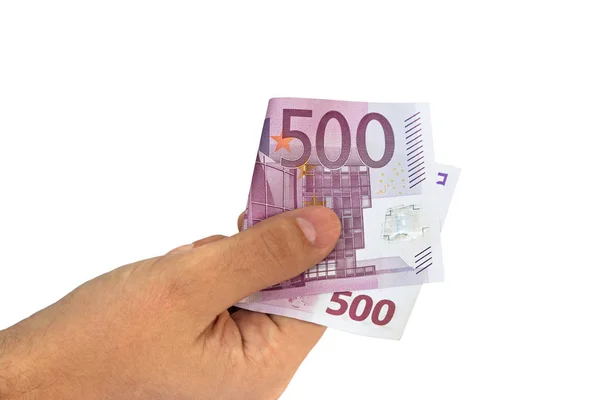 Mano de hombre sosteniendo quinientos billetes de 500 euros — Foto de Stock