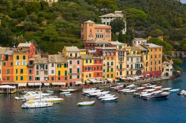 Tekne gemi yanaşma Portofino bağlantı noktası, balıkçı köyü, Cenova Eyaleti, İtalya