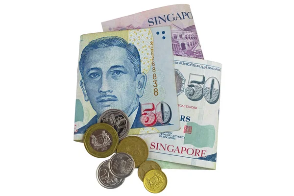 Billete de dólar de Singapur (SGD) y monedas aisladas en blanco —  Fotos de Stock