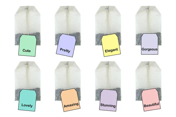 Çay poşetleri farklı etiketi Etiketler, sıcak çay choosable karakter özelliği ile — Stok fotoğraf