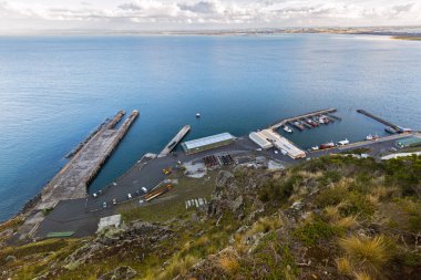 Fisherman's Wharf Stanley liman ve bas deniz boğaz, Tazmanya adlı görünümünü yüksek açı