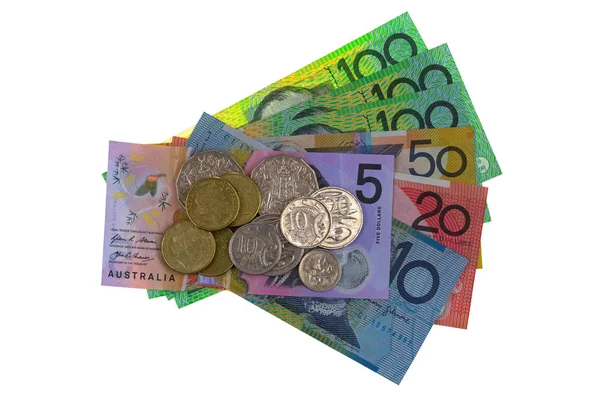 Australische dollar munten en verschillende bankbiljet (Aud) 5 10 20 50 100 — Stockfoto