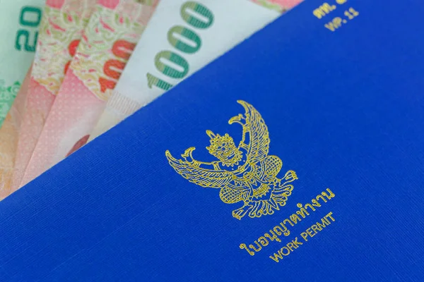 Libro azul del permiso de trabajo tailandés (WP.11) sobre el dinero tailandés del billete del Baht —  Fotos de Stock