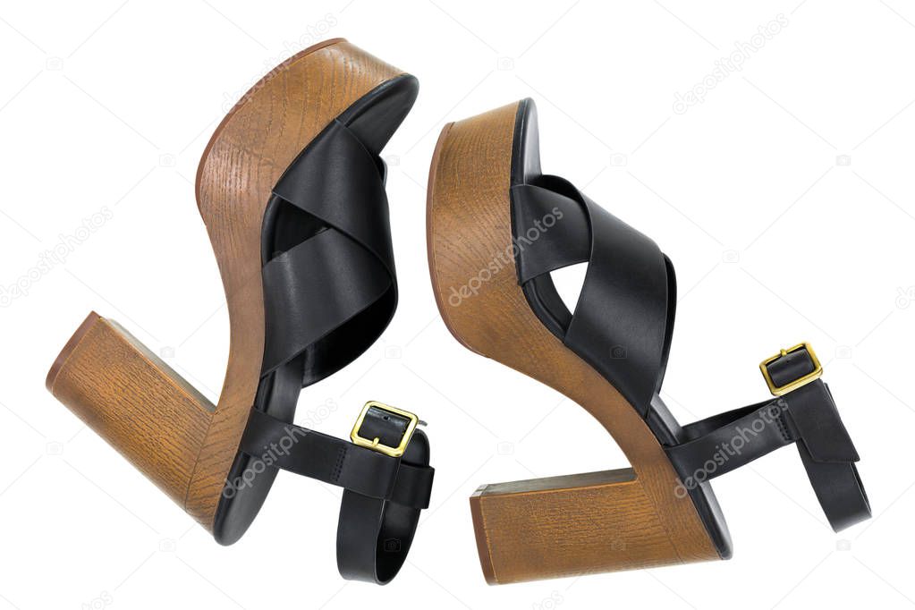 Black high-heel shoes with open toe cross strap platform sandals with brown heels