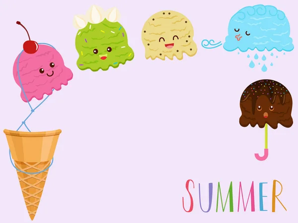 Vektoros illusztráció aranyos színes mosolygó fagylalt gombóc rajzfilm — Stock Vector