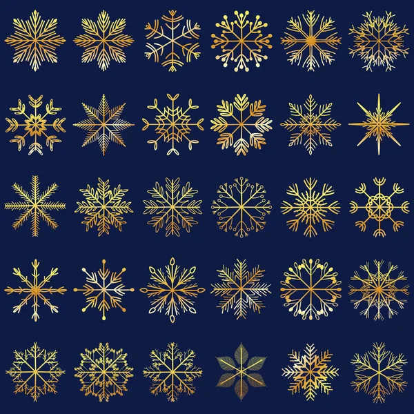 Vektor Illustration Set von Hand gezeichneten goldenen Schneeflocken als Weihnachten Urlaub Dekorationselemente — Stockvektor