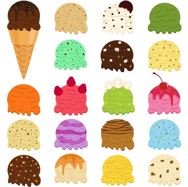 Ilustracja wektora zestaw Łopatka lodów, wiele kolorowe smaki z dodatkami — Wektor stockowy