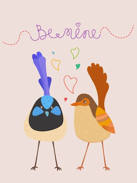 Illustration vectorielle mignonne de Love birds avec des cœurs et Be Mine texte sur fond pastel — Image vectorielle