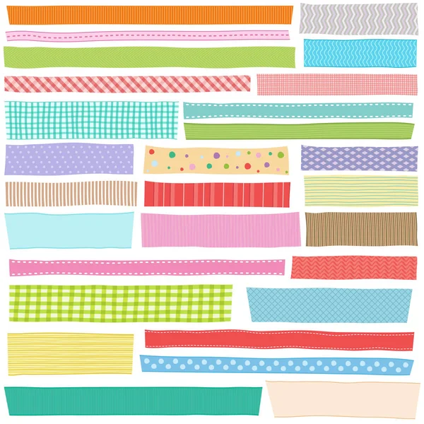 Vector illustration set of hand drawn colorful ribbon, fabric  strip with patterns — Stock Vector