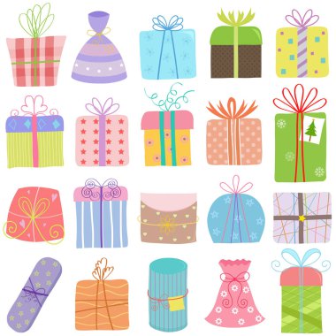 Elle çizilmiş doğum günü Noel Hediyelik kutu pastel güzel desenli vektör çizim