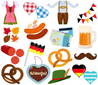 Şirin Oktoberfest Dirndl şortlarla elbise yiyecek içecek partisi sırasında vektör çizim kümesi 