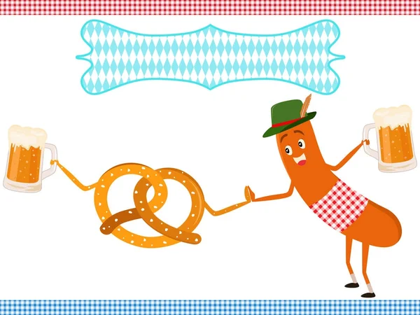 Vector illustration of cute sausage cartoon holding beer hi5 with pretzel during Oktoberfest — Stock Vector