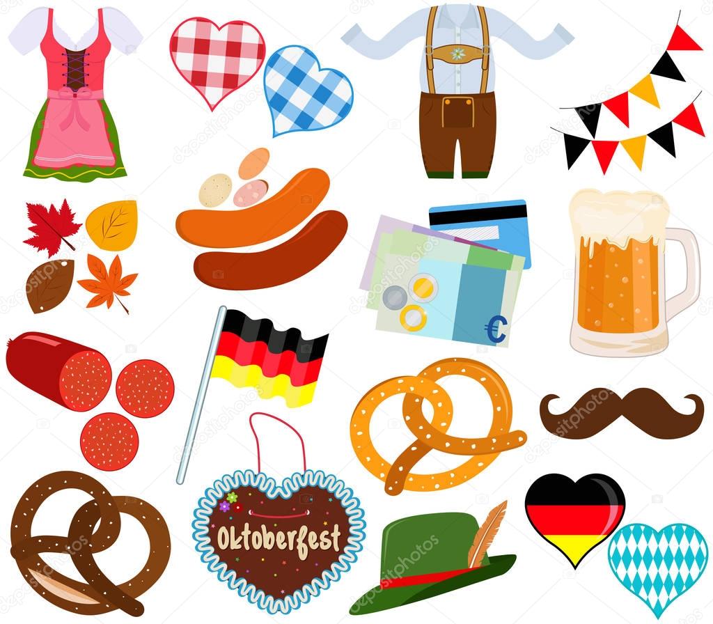 Vector illustration set of cute Oktoberfest Dirndl Lederhosen dress food beverage during party 