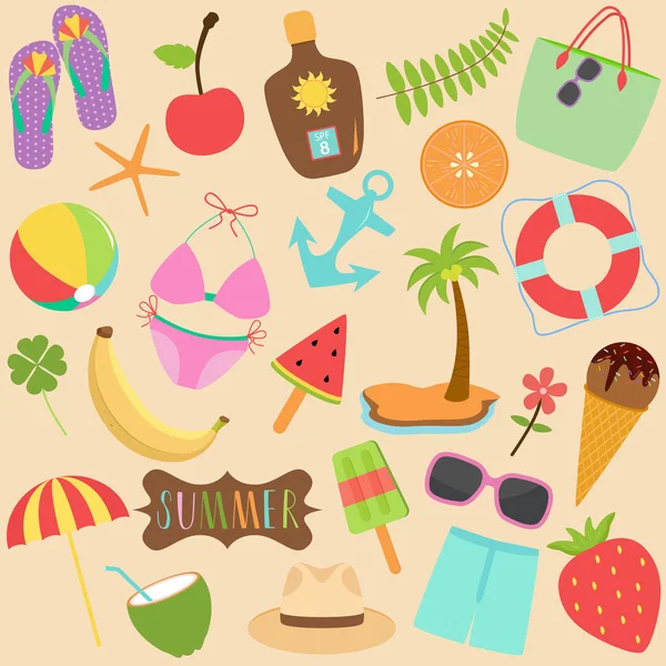 Cute Vector illustration set of colorful summer icons collection — Stock Vector