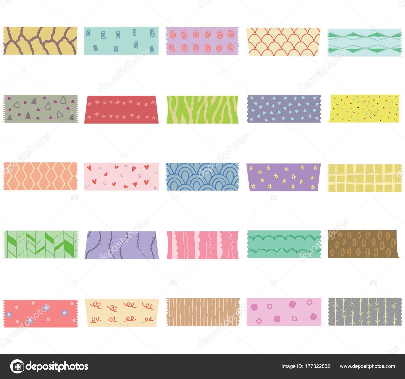 Set Of Washi Tape Strips With Various Cute Designs Isolated On