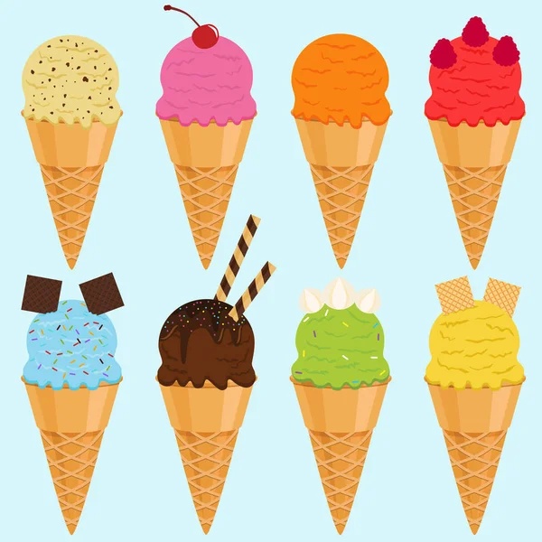 Lindo conjunto de ilustración vectorial de helado, muchos sabores coloridos con coberturas en oblea — Vector de stock