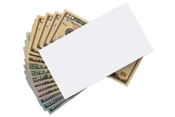 白色礼品盒在美国钞票上的钱孤立的白色 — 图库照片