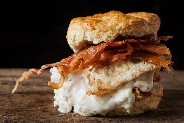 Buttermilk biscuit and fried chicken breast sandwich with a frie — Stock Photo, Image