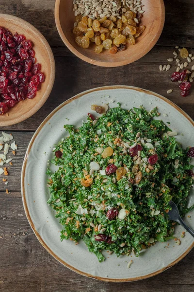 A gourmet salad on rustic surface, vertical, top view — Stock Image A gourmet salad on rustic surface, vertical, top view Stock Photo