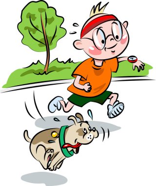 Parkta köpeği olan bir çocuk koşuyor.
