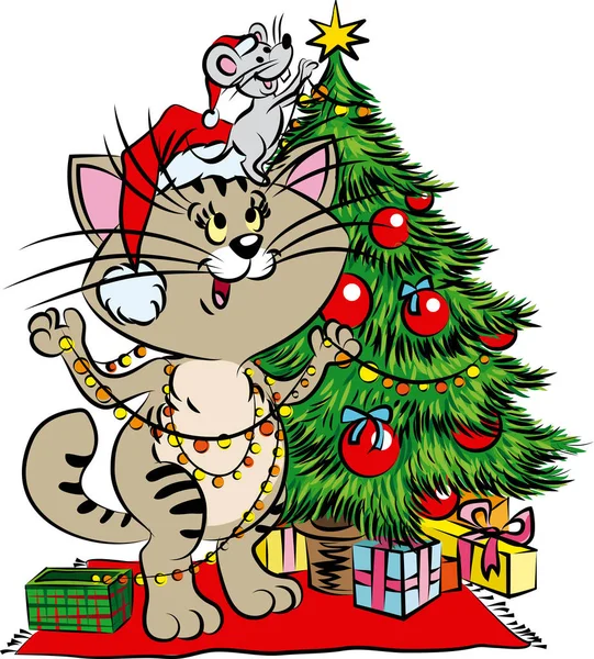 kedi ve fare Noel ağacını süsler
