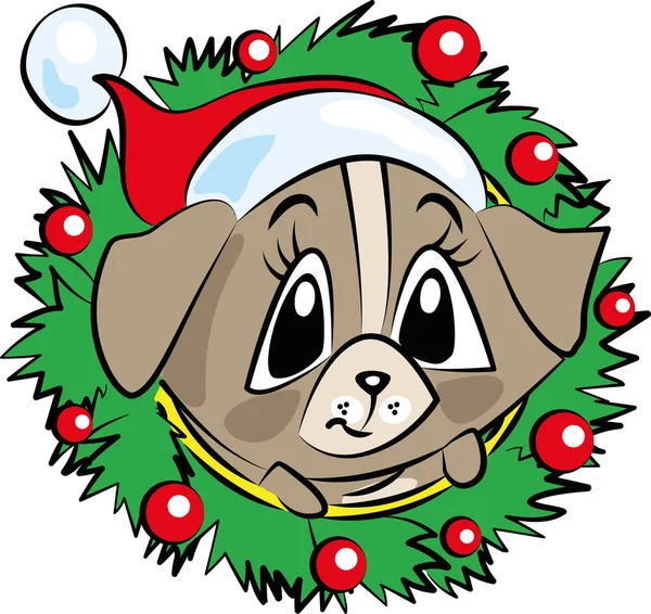 Маленький Милий Собака Великими Очима Різдвяному Вінку — стоковий вектор
