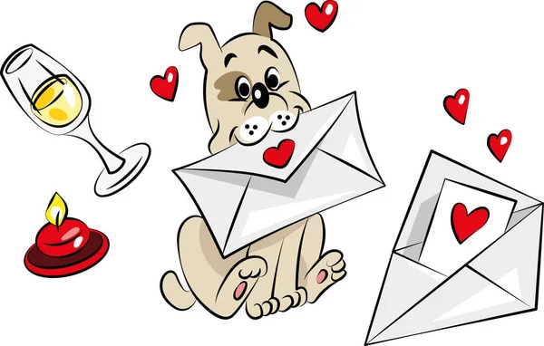 Perro Divertido Sostiene Una Carta Amor Boca — Vector de stock